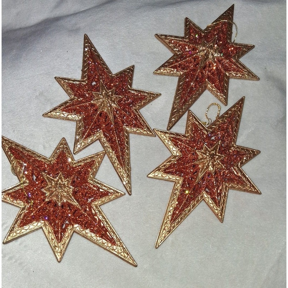 Set of 4 Large Glitter Bethlehem Star Christmas Ornaments Rose Gold Champagne Go